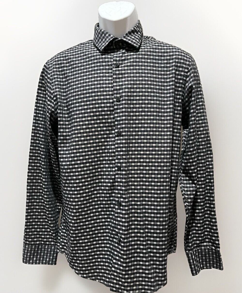 Alfani Men's Small Black and Grey Checkered Button-Down Shirt Black Buttons